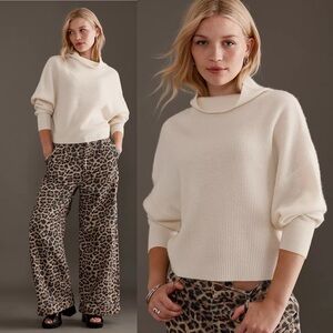 NWT‎ Anthropologie 100% Cashmere Ribbed Mock Neck Jumper sweater Ivory Size XL